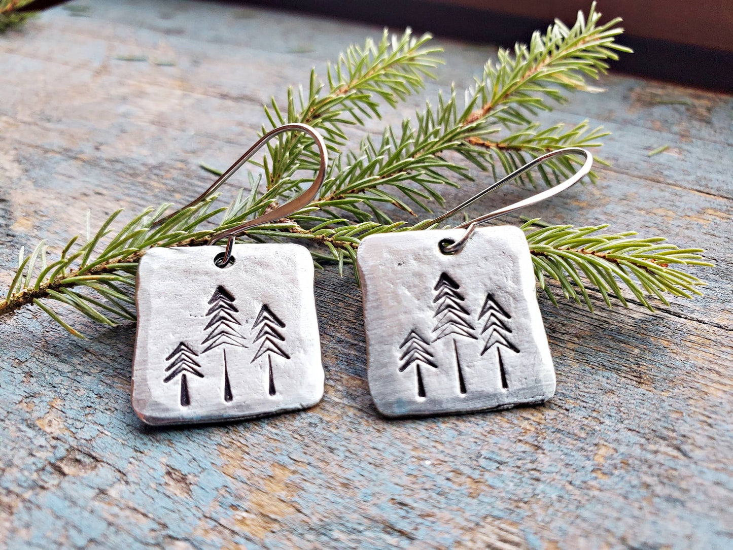 Pine Tree Earrings, Square, Hand-Stamped Pewter