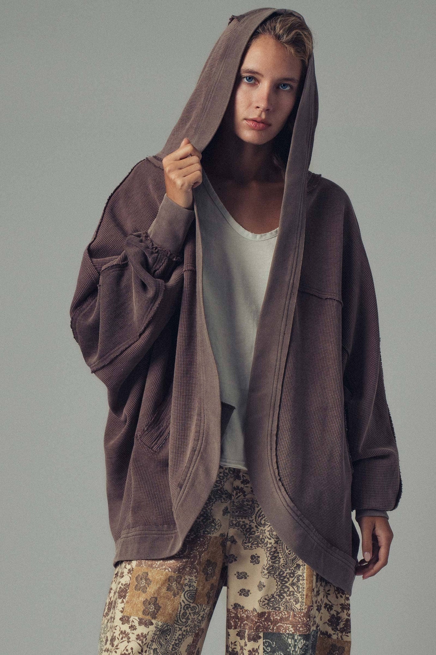 Washed Waffle Knit Hooded Cardigan-Medium
