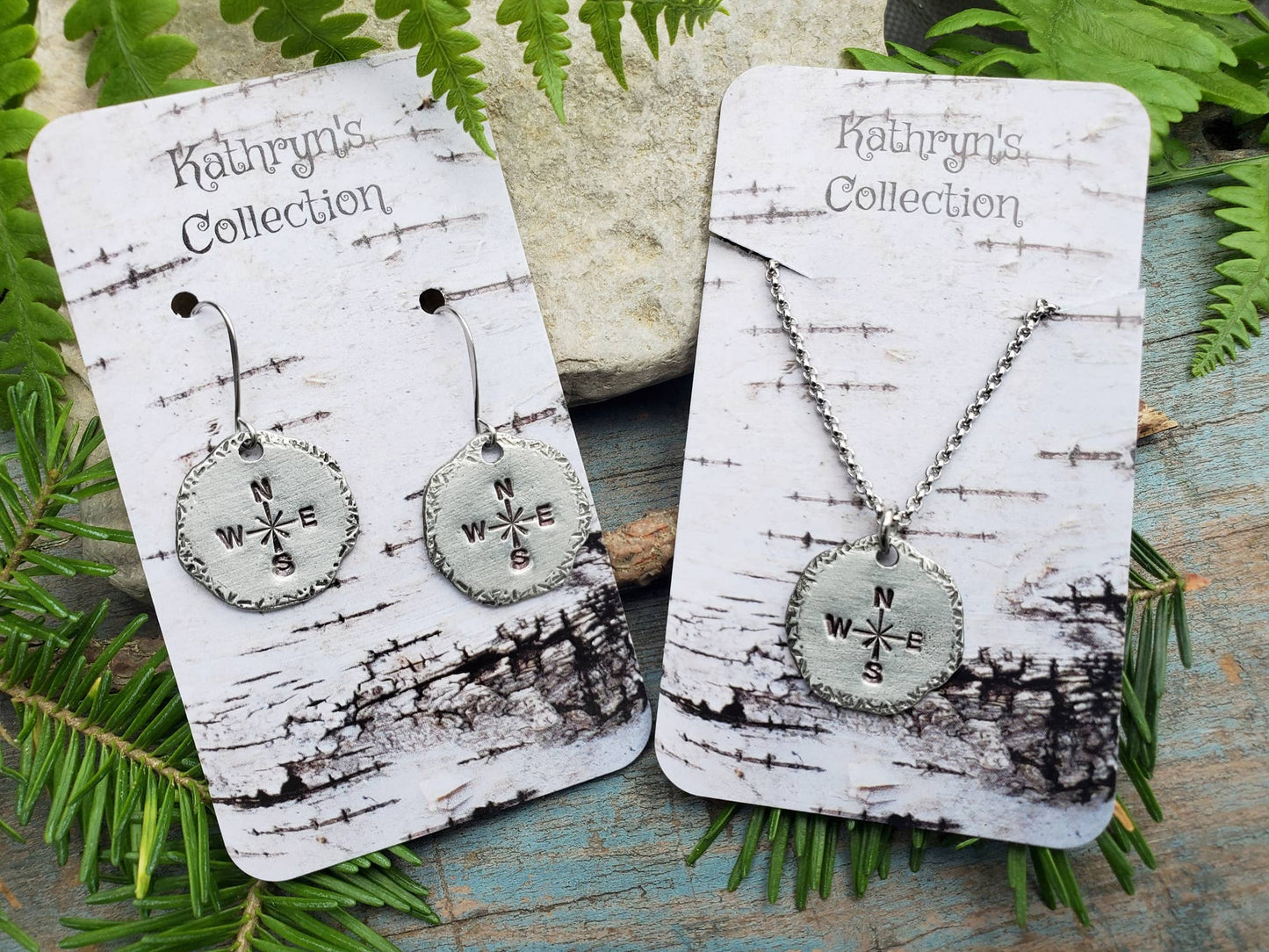 Compass Earrings, Hand-Stamped Pewter