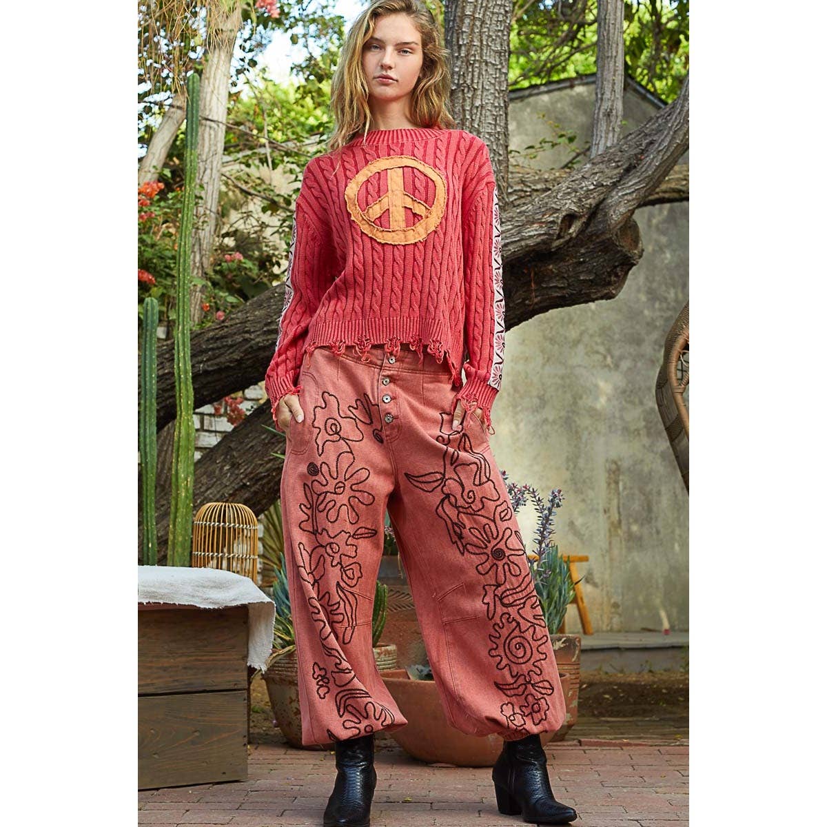 Vintage washed peach patch cable knit solid sweater