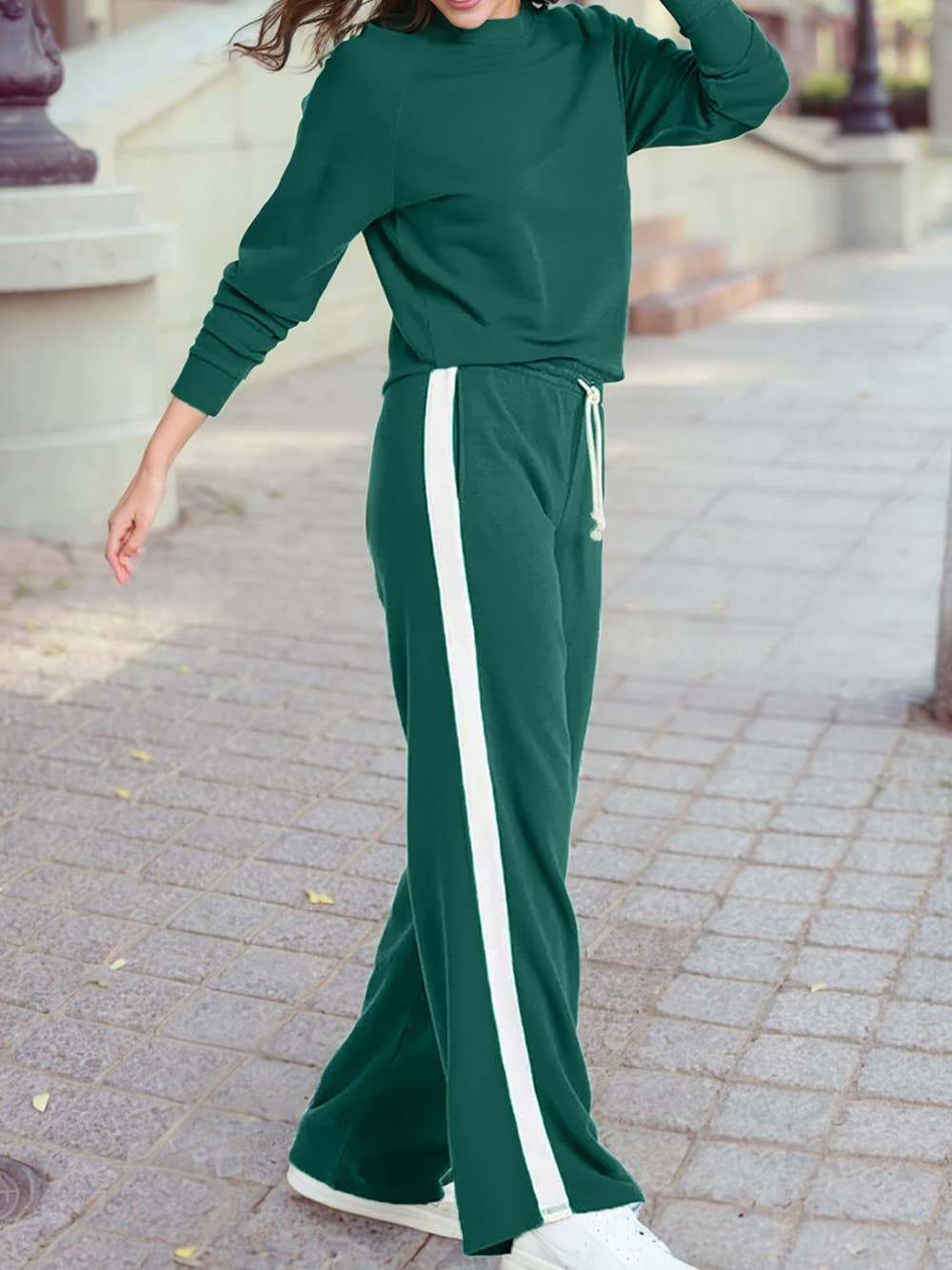 Top Varsity Stripe Detail Loose Drawstring Pants Set