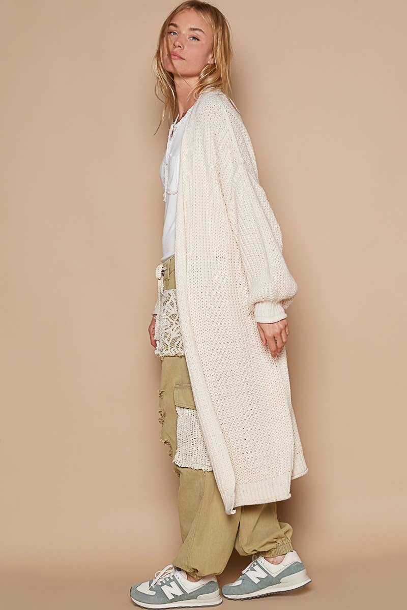 Open front balloon sleeves long cardigan sweater