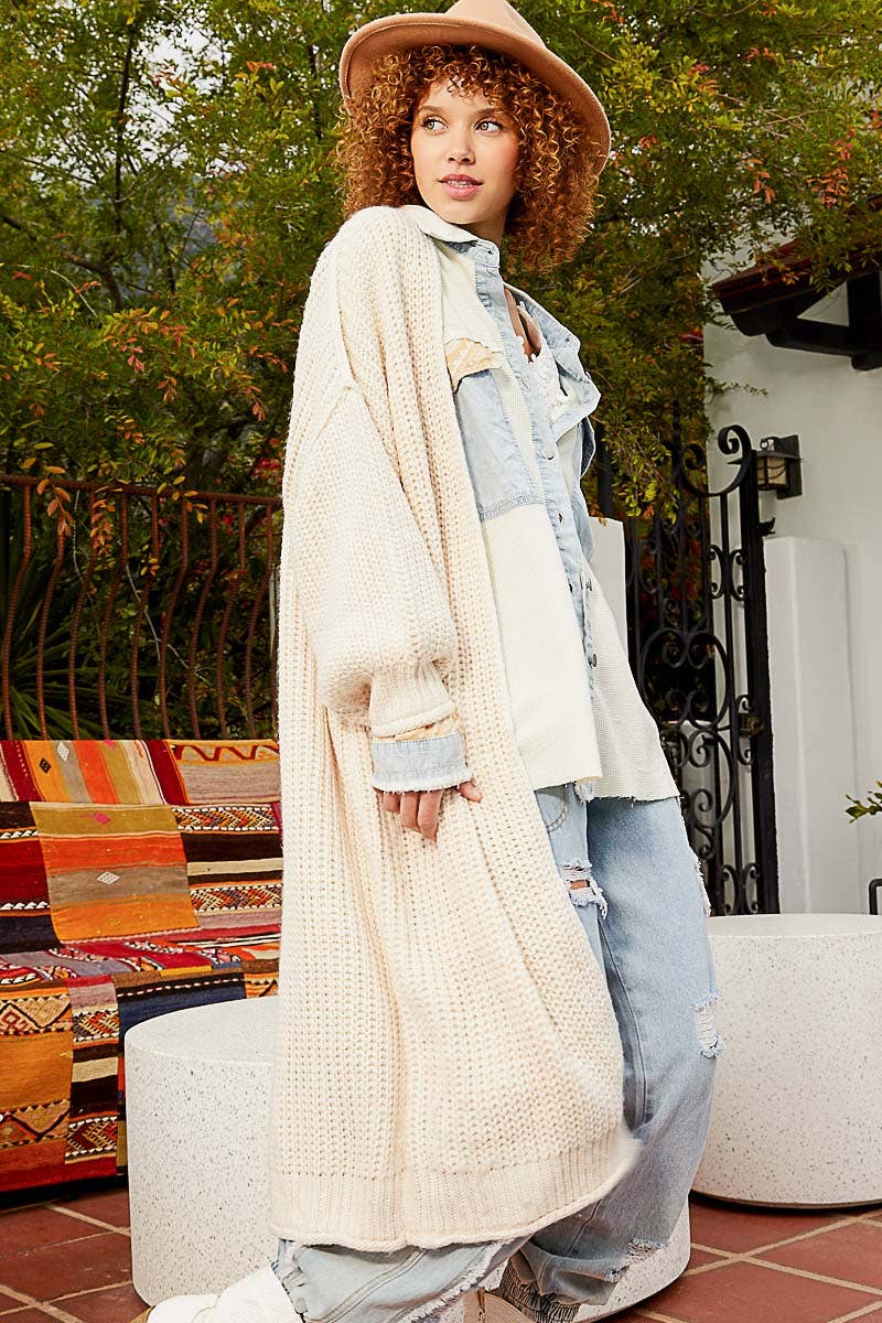 Open front balloon sleeves long cardigan sweater