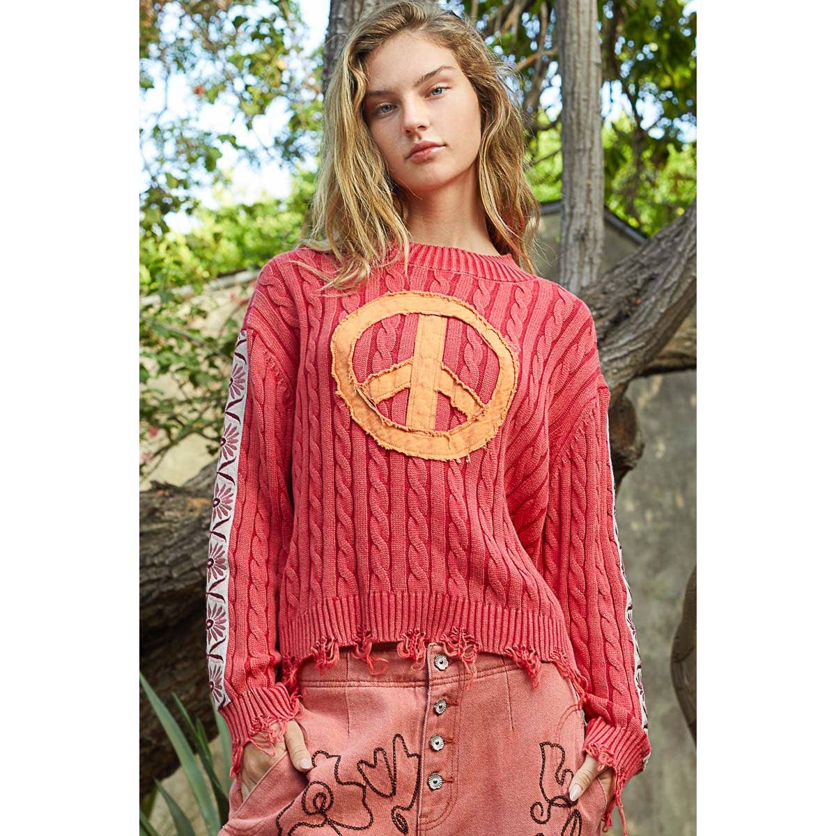 Vintage washed peach patch cable knit solid sweater