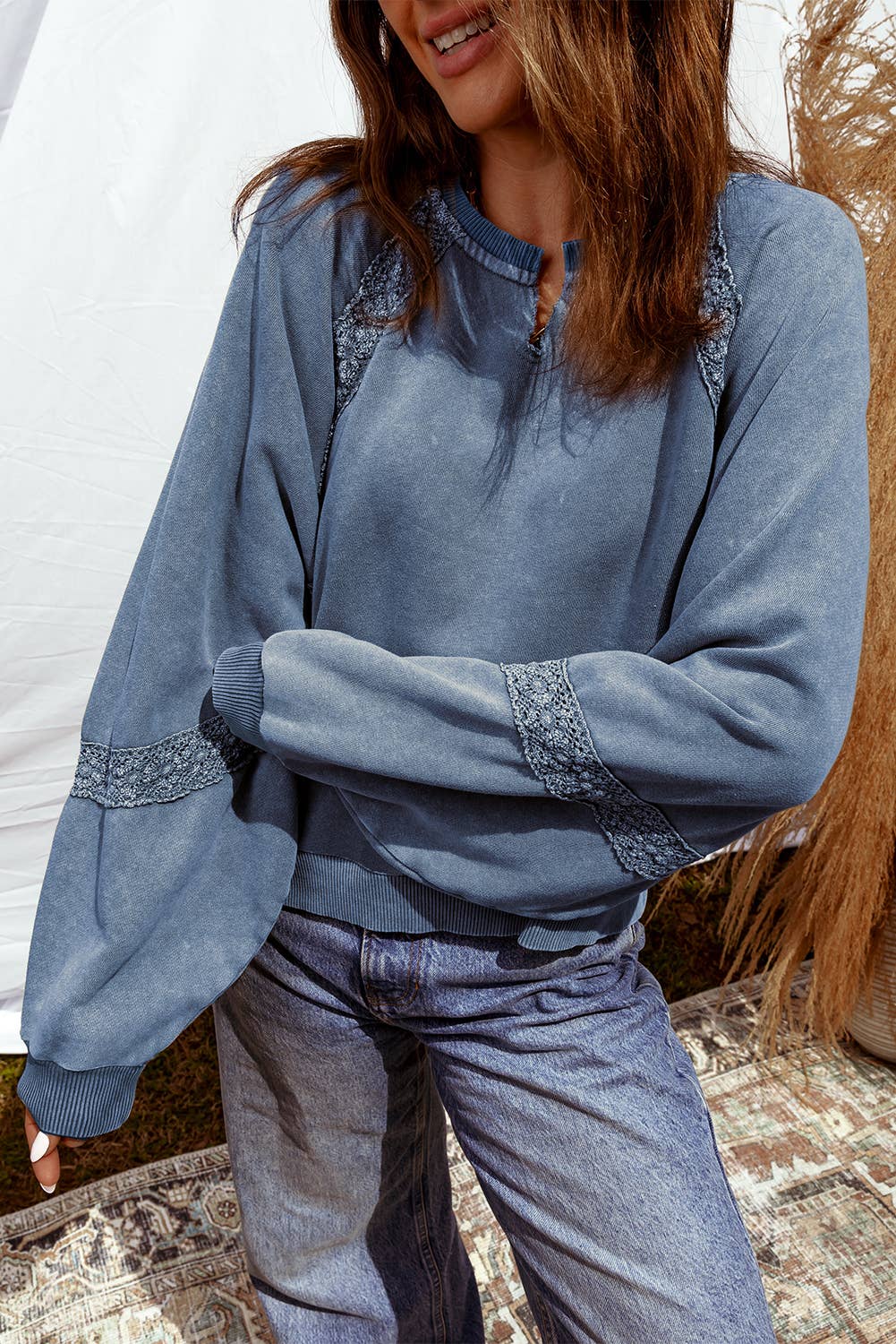 Lace Patchwork Detail Notched Neck Mineral Wash Sweatshirt-Red Dahlia