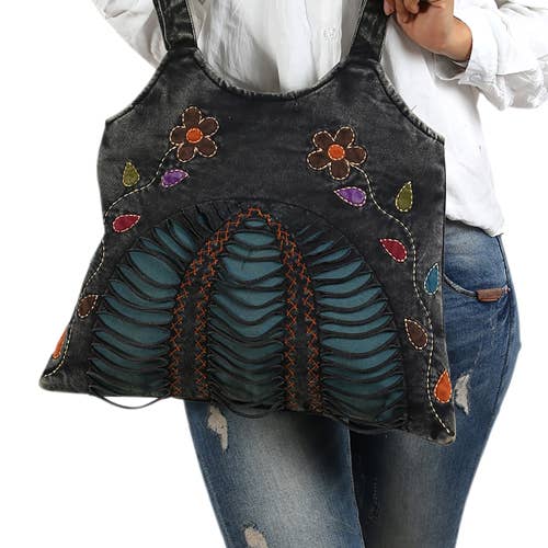 Black Embroidered Hobo Bag