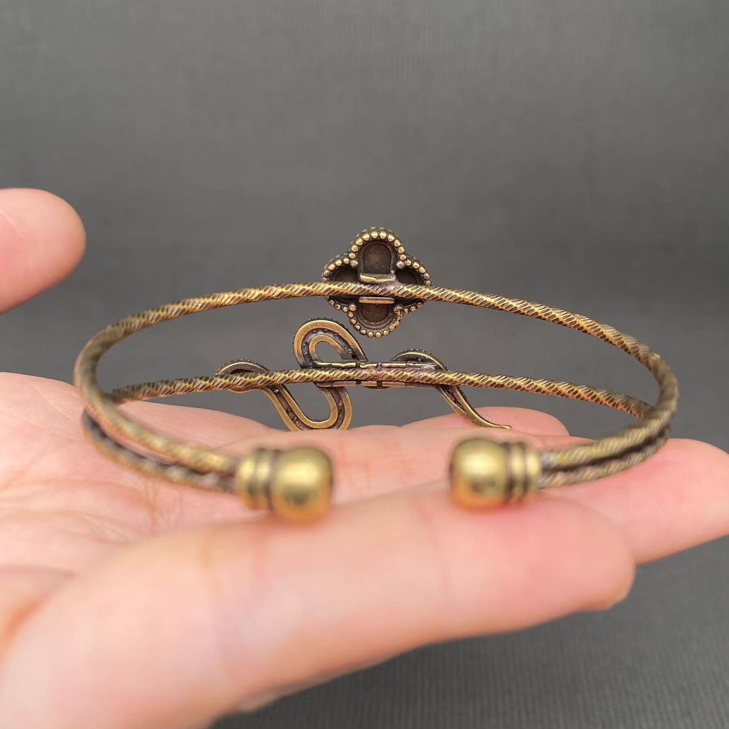 Vintage Bronze Brass Snake & Clover Bangle