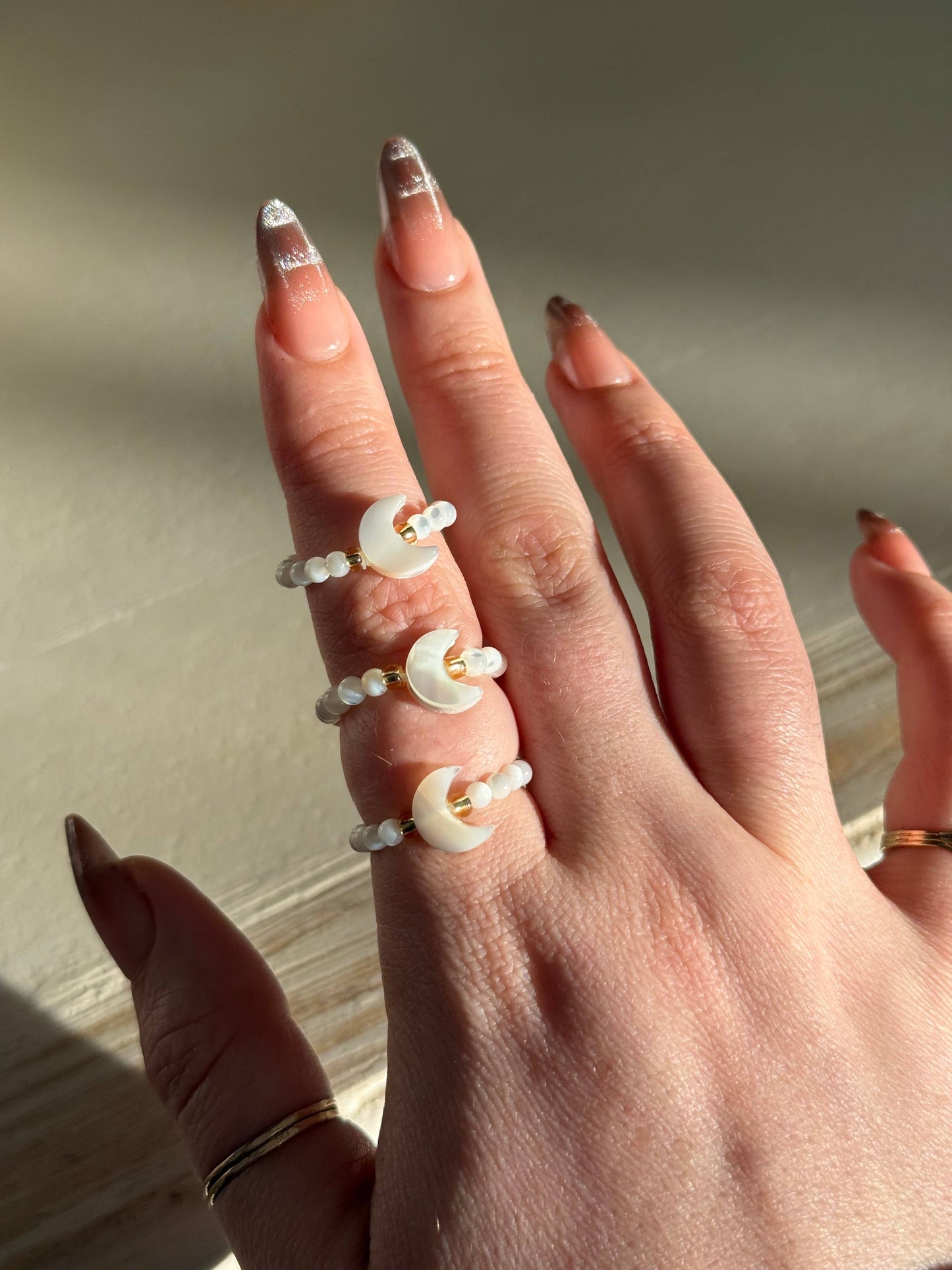 Mother Of Pearl Moon Stretch Beaded Ring