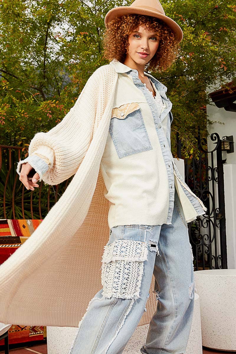 Open front balloon sleeves long cardigan sweater