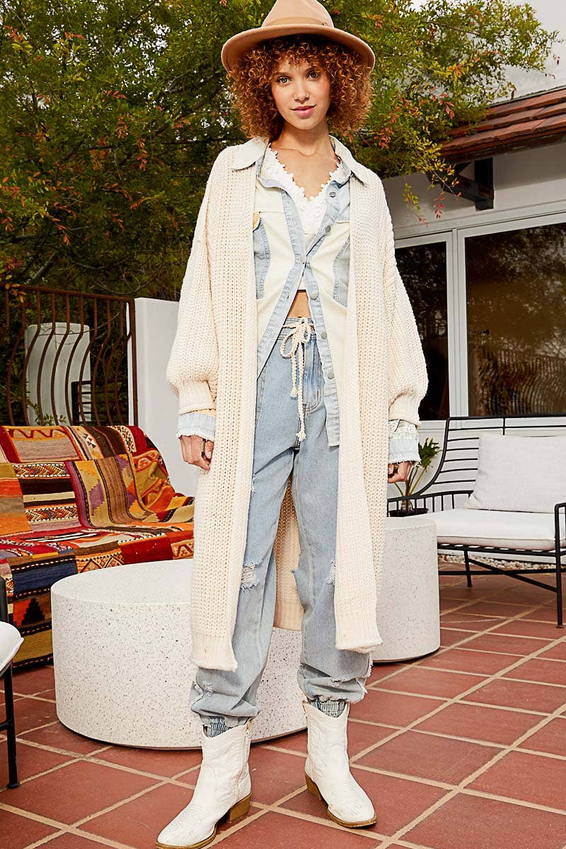 Open front balloon sleeves long cardigan sweater