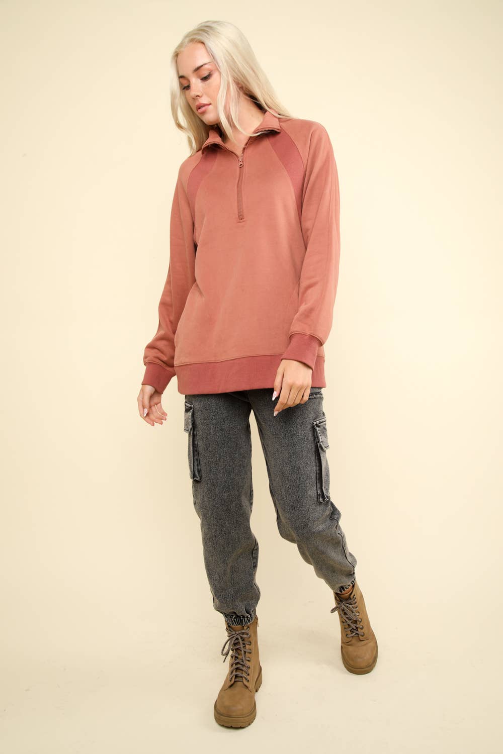 NT11849-Oversized Sweatshirt Henley Knit Top