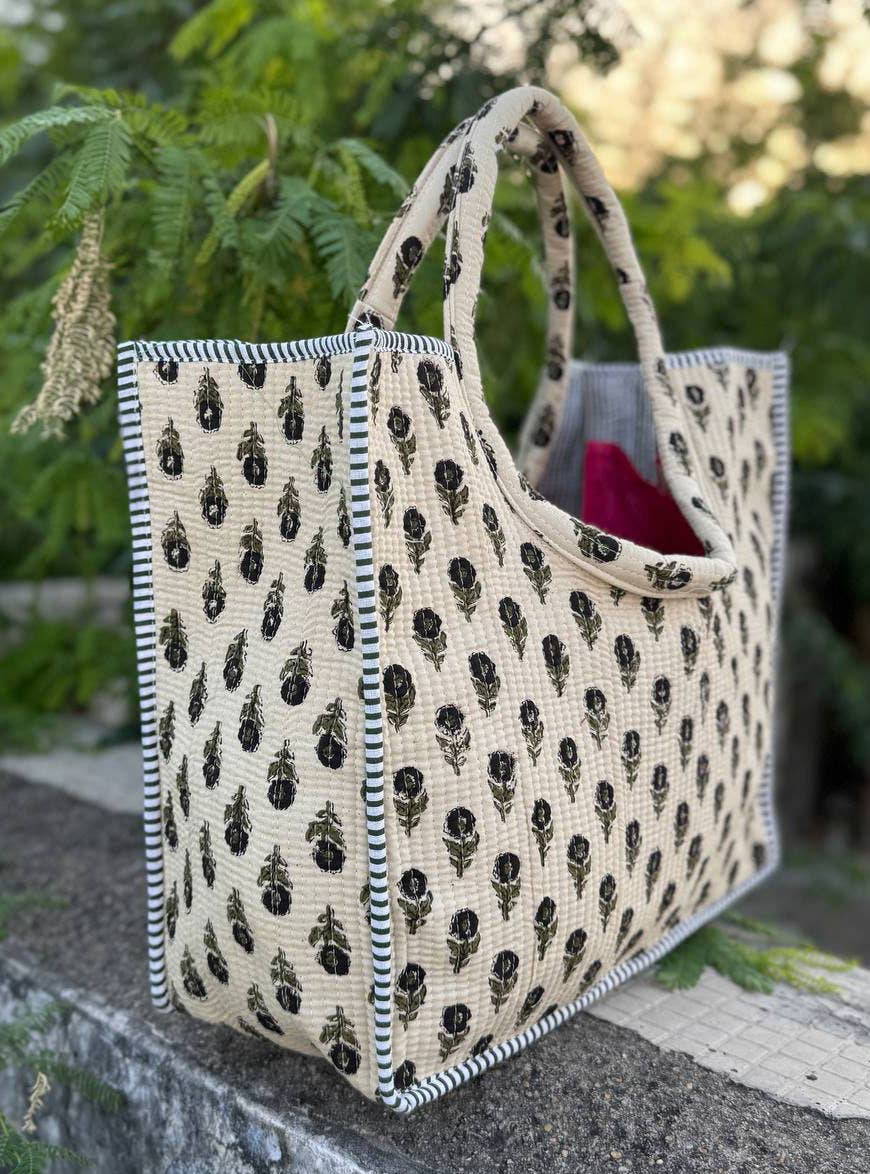 Quilted Block Print Tote Bag Cotton Shopping Bag Travel Bags