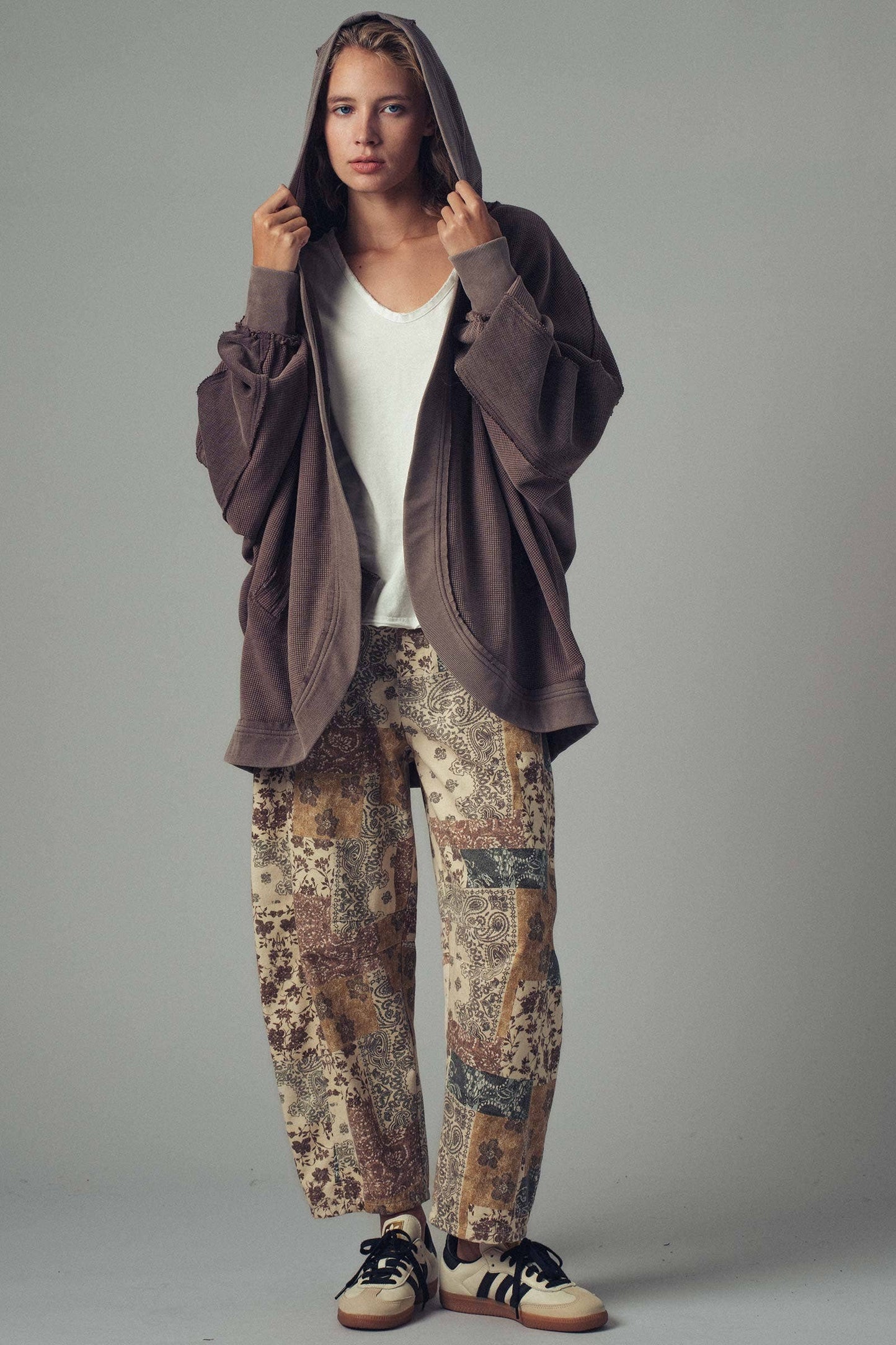Washed Waffle Knit Hooded Cardigan-Medium