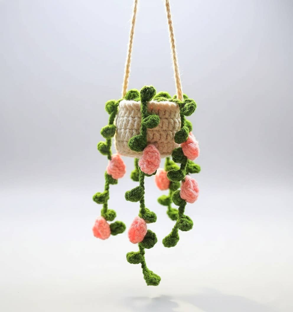 Floral Crochet Car Charm – Hanging Mini Plant Pot