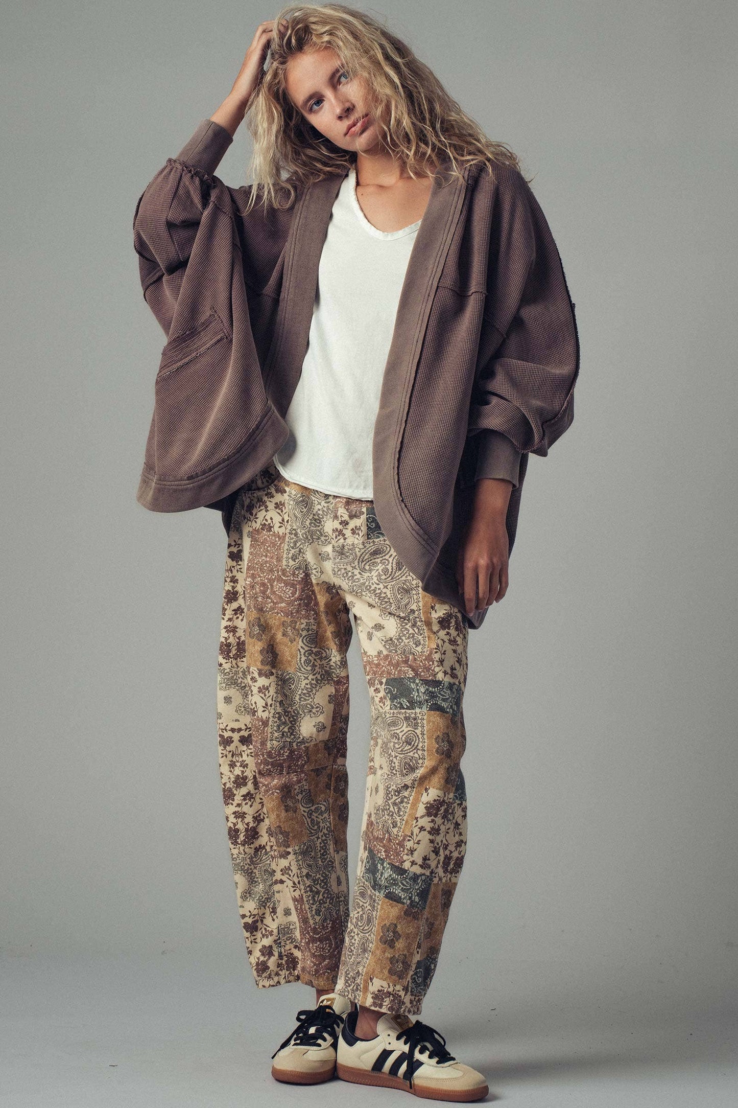 Washed Waffle Knit Hooded Cardigan-Medium