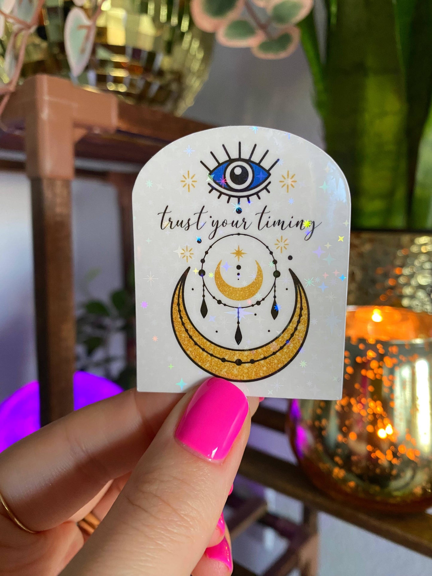 Trust your timing Evil eye sticker (holographic)