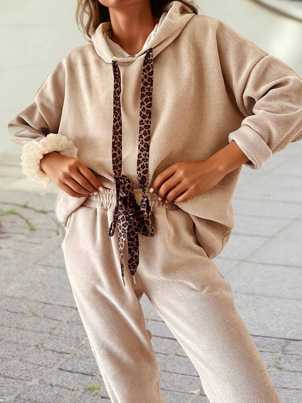 Pullover Hoodie and High Waist Pants Corduroy Suit