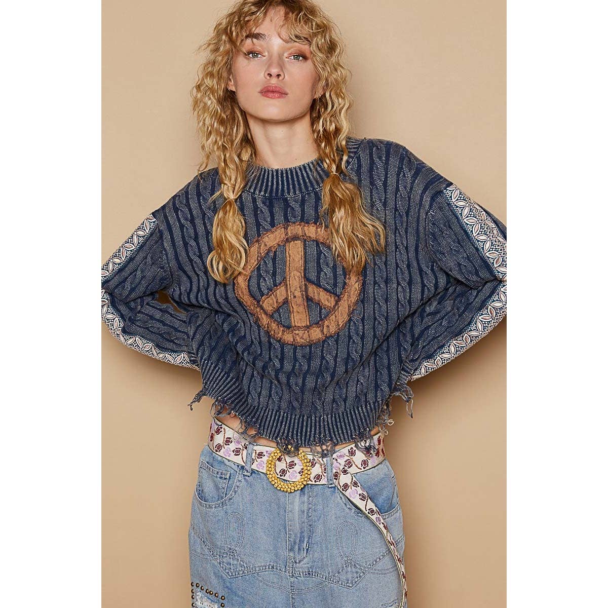 Vintage washed peach patch cable knit solid sweater