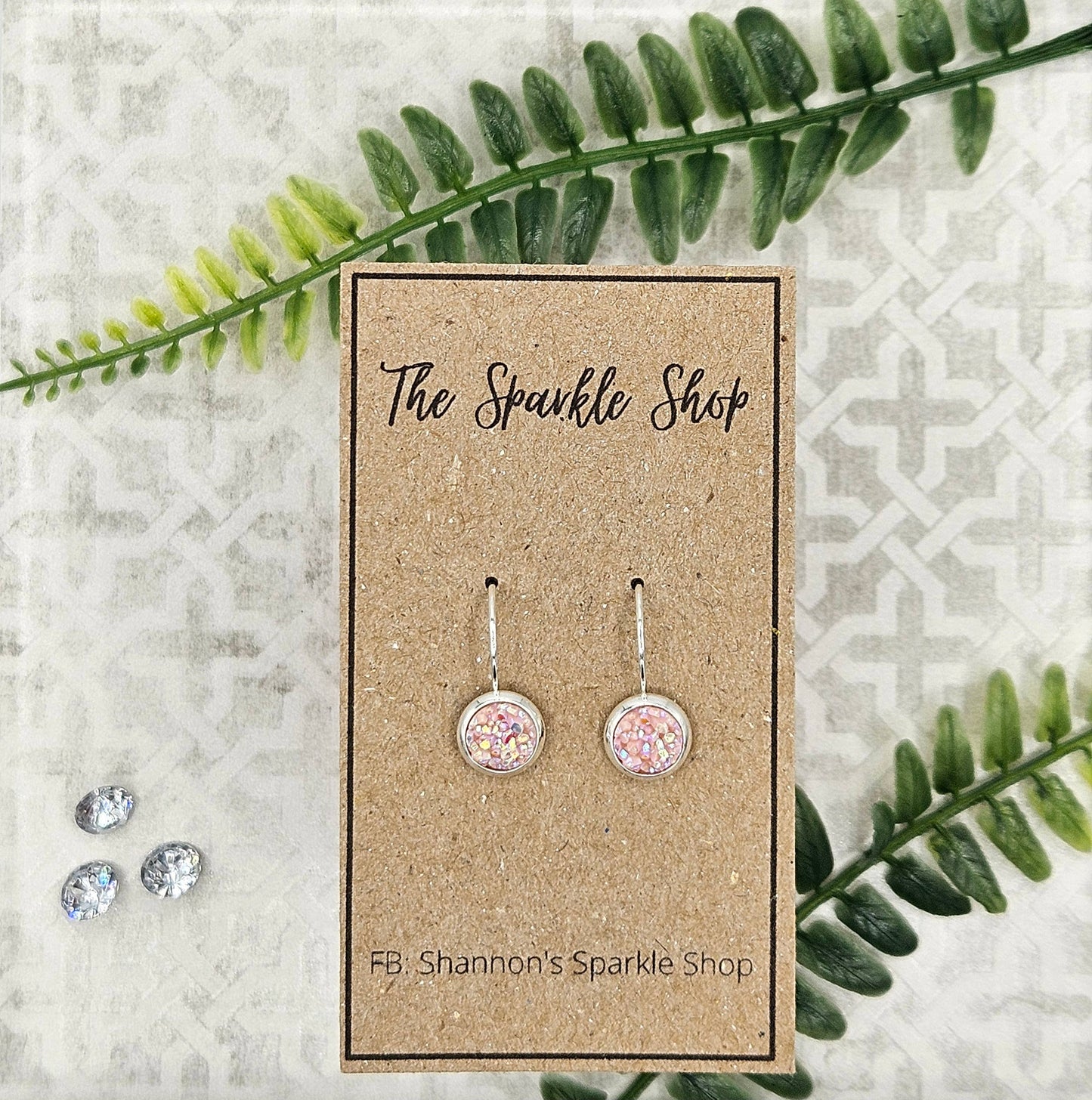 Druzy Round Dangle Earrings (Handmade 8mm)- Blush Pink