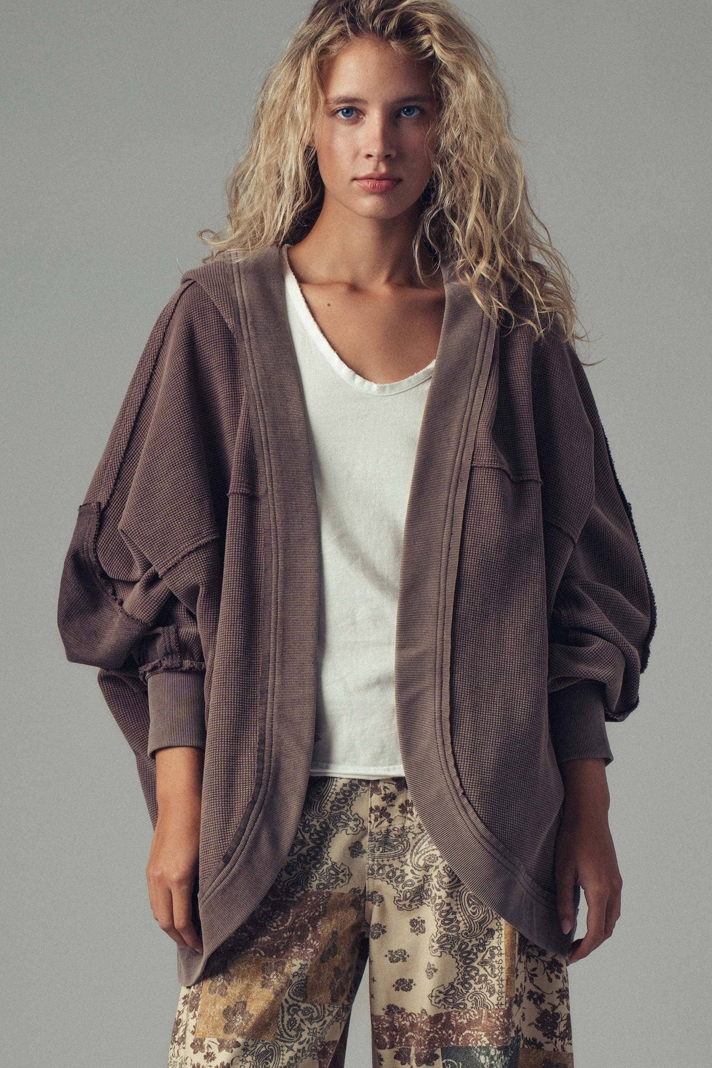 Washed Waffle Knit Hooded Cardigan-Medium
