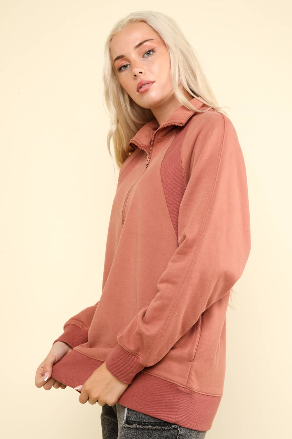 NT11849-Oversized Sweatshirt Henley Knit Top