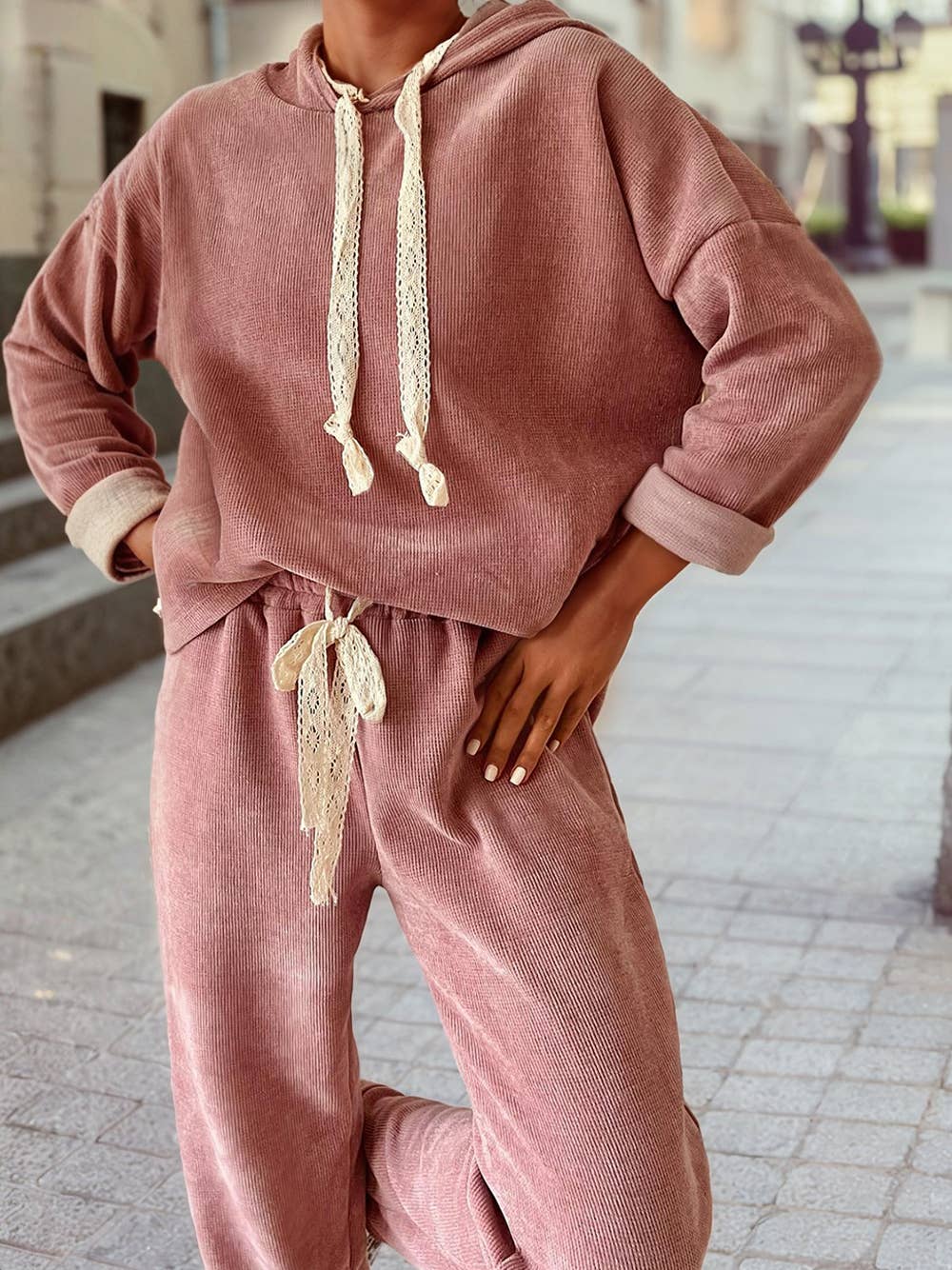 Pullover Hoodie and High Waist Pants Corduroy Suit