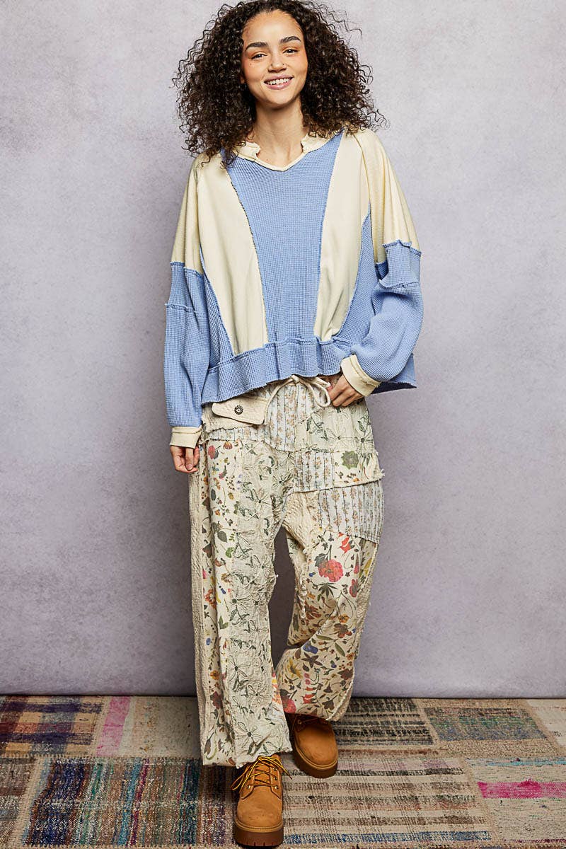 Notched Neck Contrast Fabric Basic Long Sleeve Top-POL