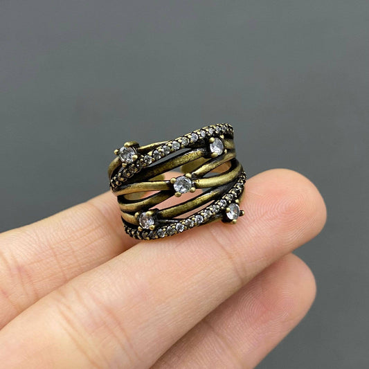 Vintage Rhinestone Hollow Bronze Ring