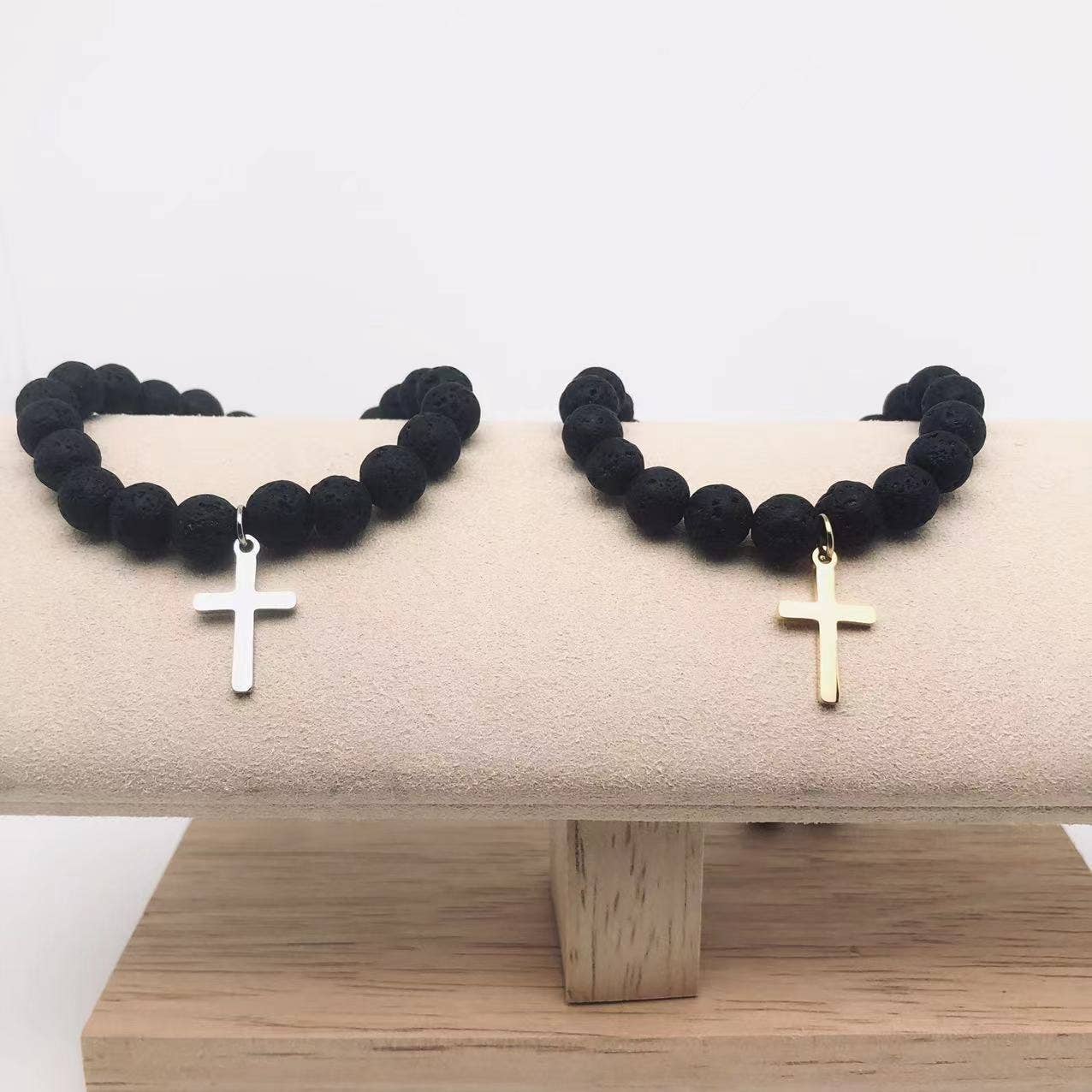 Natural Stone Lava Cross Charm Bracelets