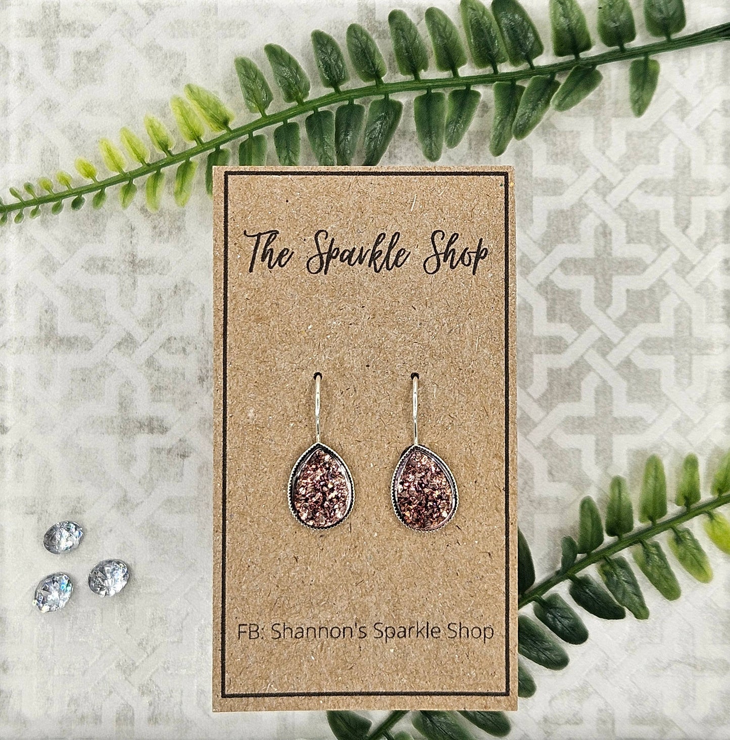 Druzy Teardrop Dangle Earrings (Handmade) - Rose Gold