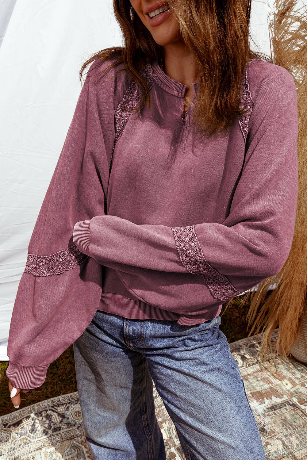 Lace Patchwork Detail Notched Neck Mineral Wash Sweatshirt-Red Dahlia