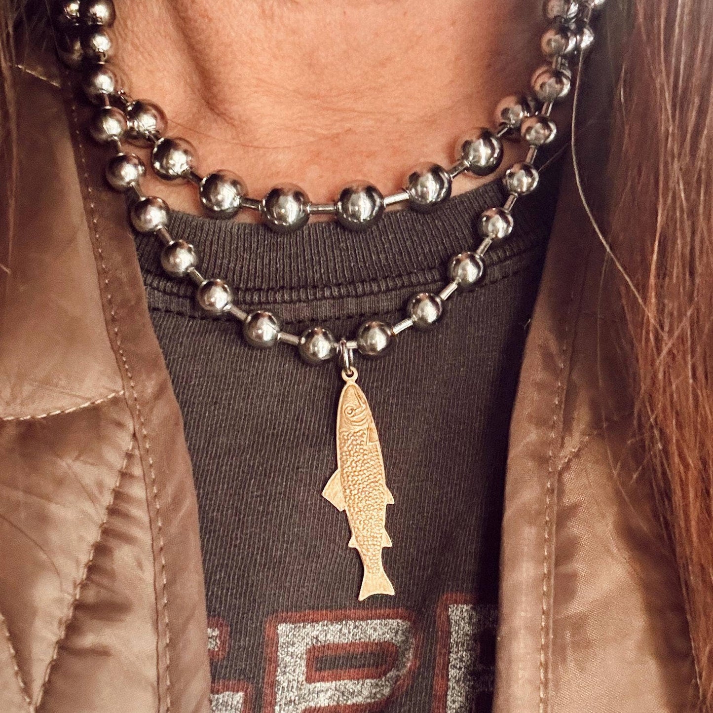 Chunky Brass Fish Charm Necklace Set
