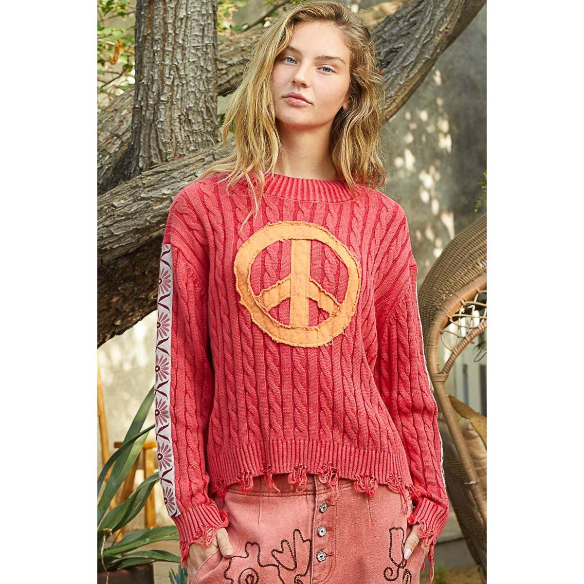Vintage washed peach patch cable knit solid sweater
