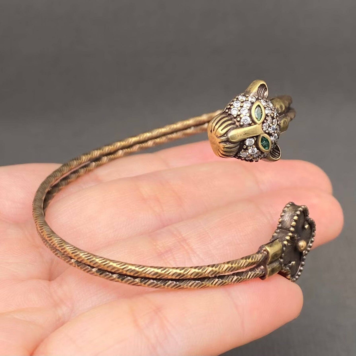 Vintage Bronze Brass Clover & Leopard Head Bangle