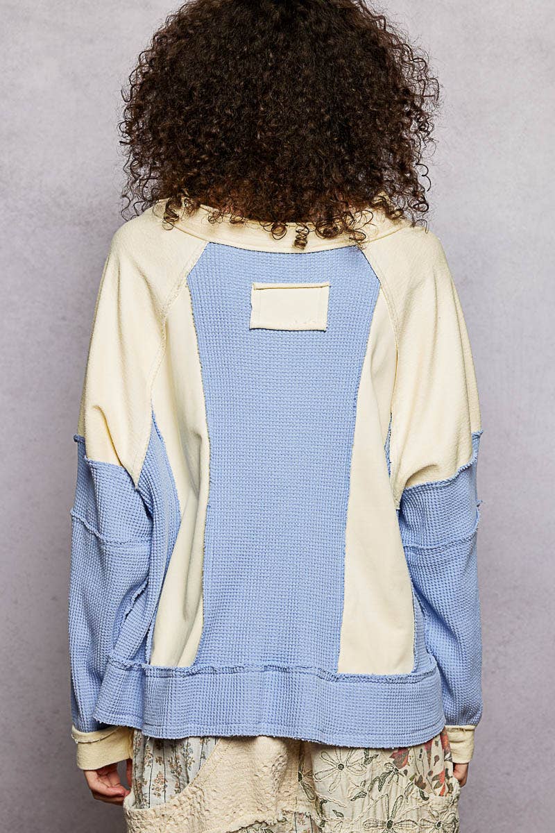 Notched Neck Contrast Fabric Basic Long Sleeve Top-POL