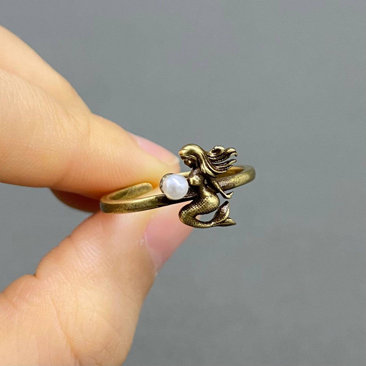 Vintage Pearl Mermaid Bronze Adjustable Ring