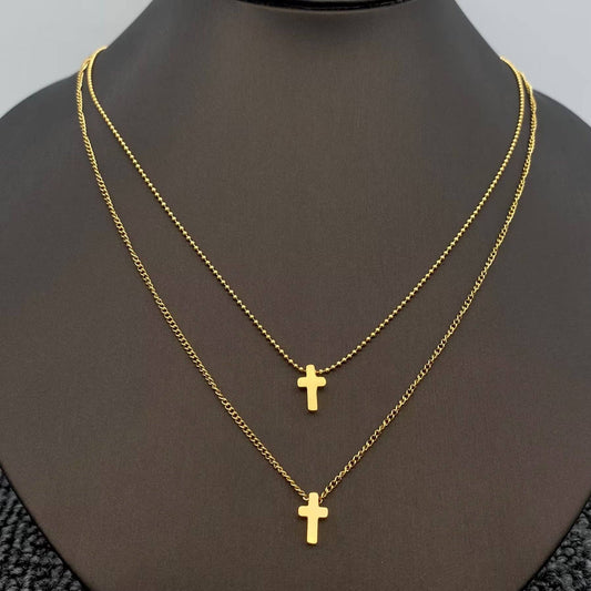 18K Gold Plated Double Chain Cross Charm Necklace