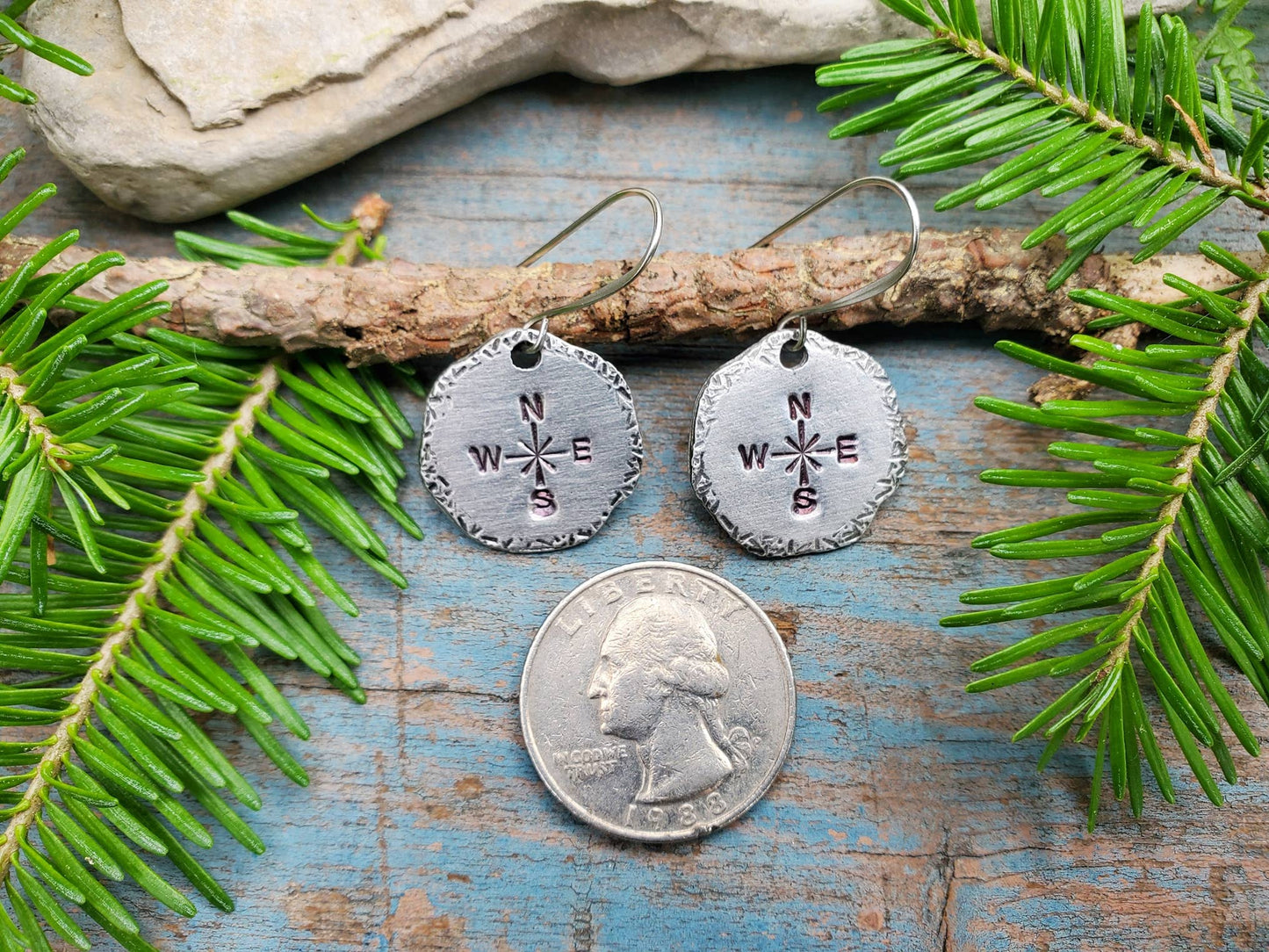 Compass Earrings, Hand-Stamped Pewter