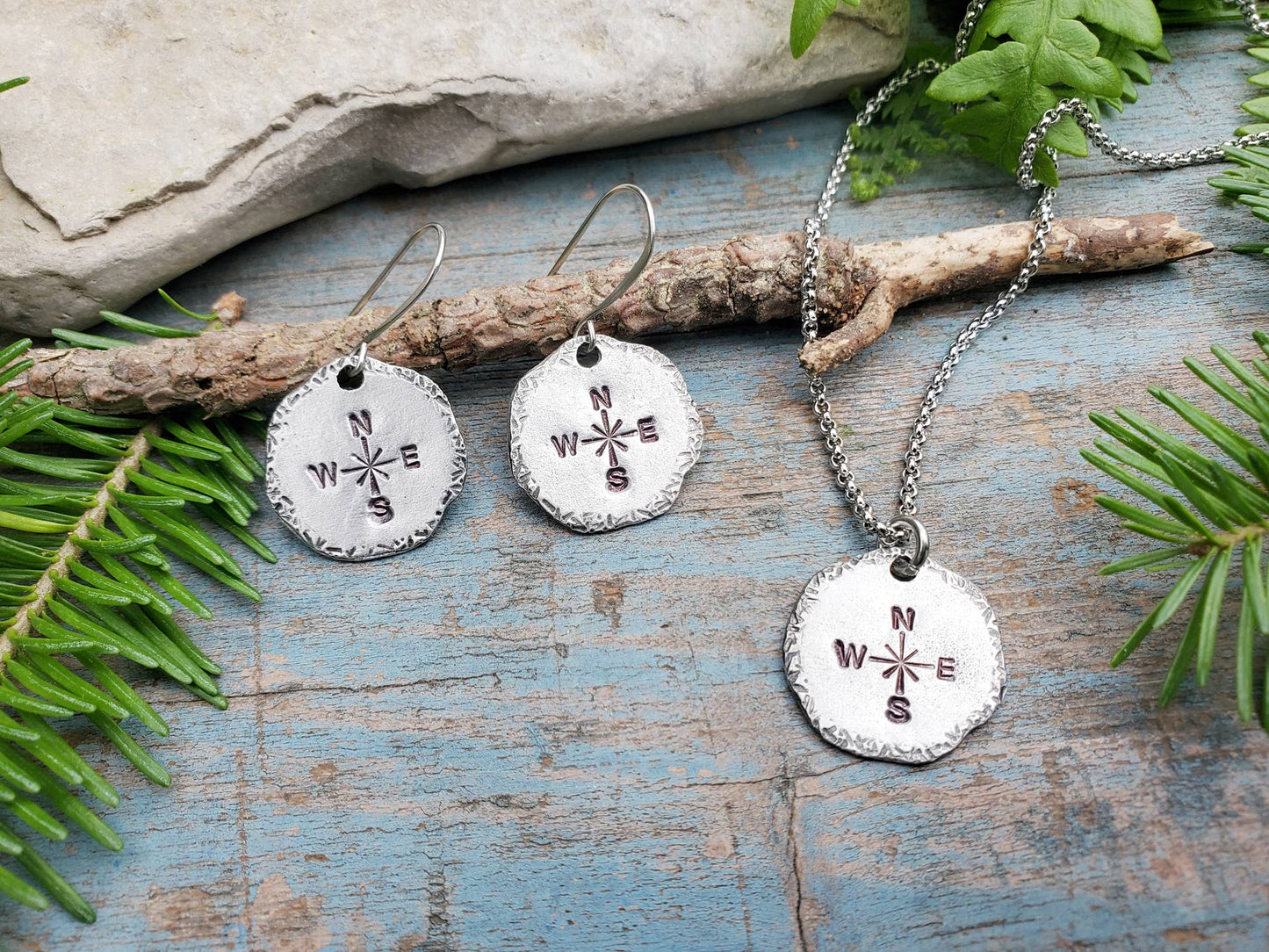 Compass Earrings, Hand-Stamped Pewter