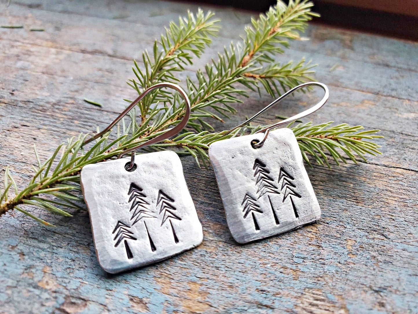 Pine Tree Earrings, Square, Hand-Stamped Pewter