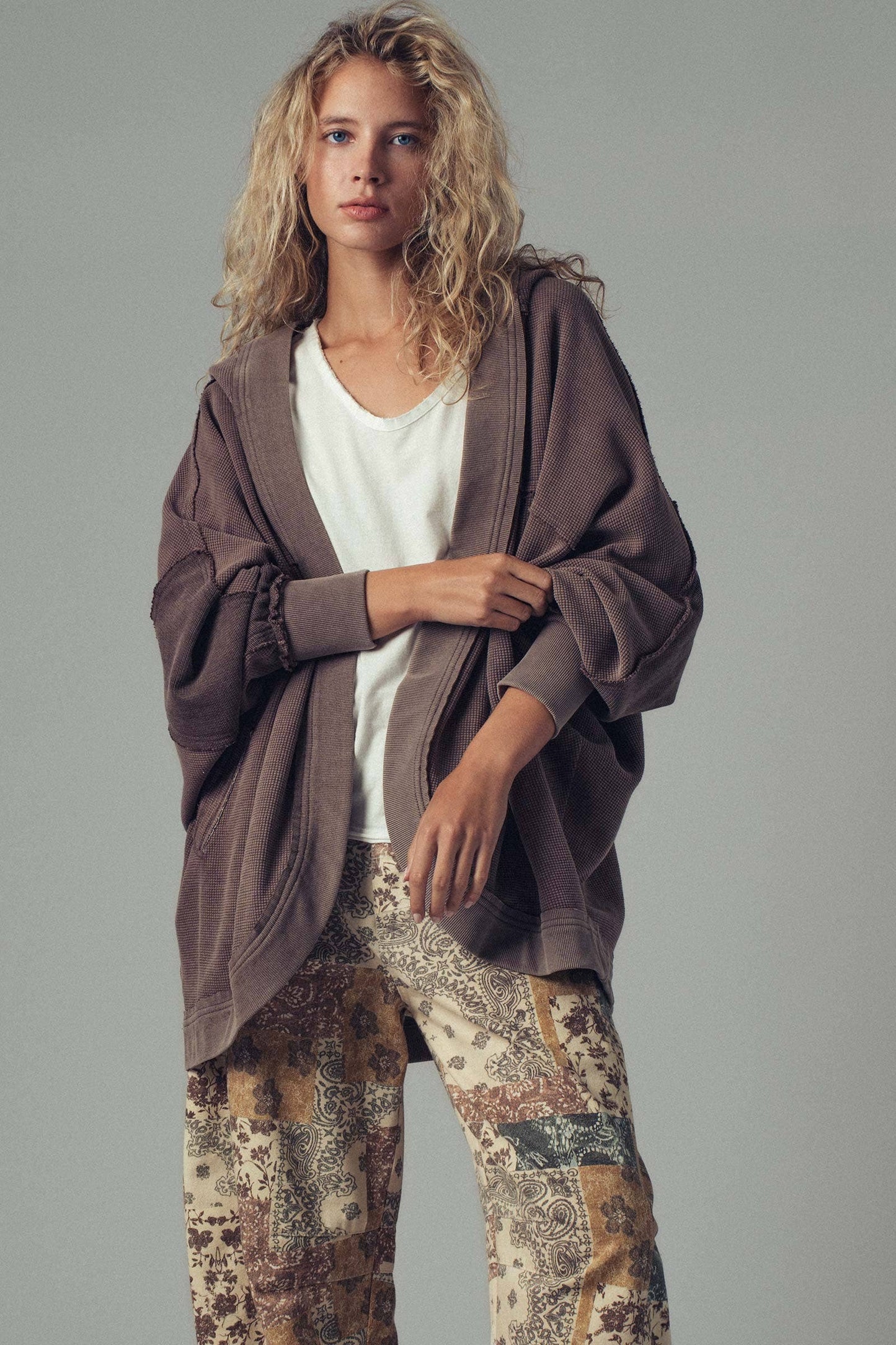Washed Waffle Knit Hooded Cardigan-Medium