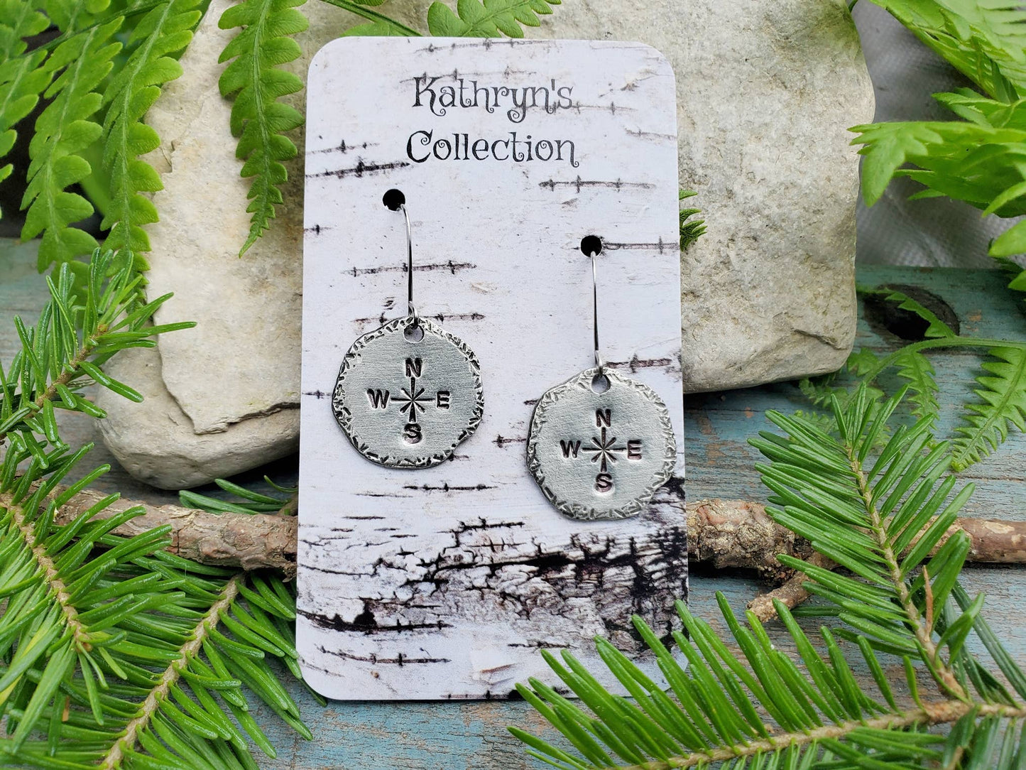 Compass Earrings, Hand-Stamped Pewter