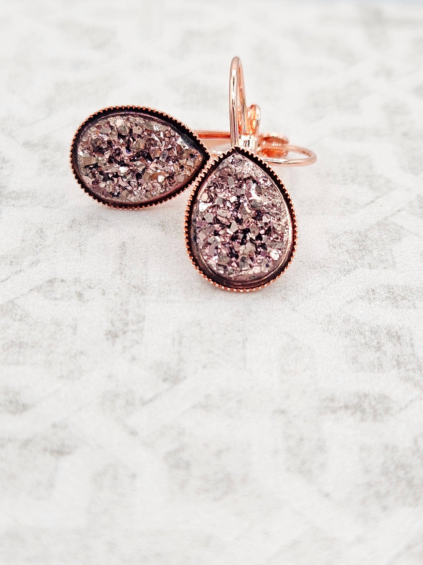 Druzy Teardrop Dangle Earrings (Handmade) - Rose Gold