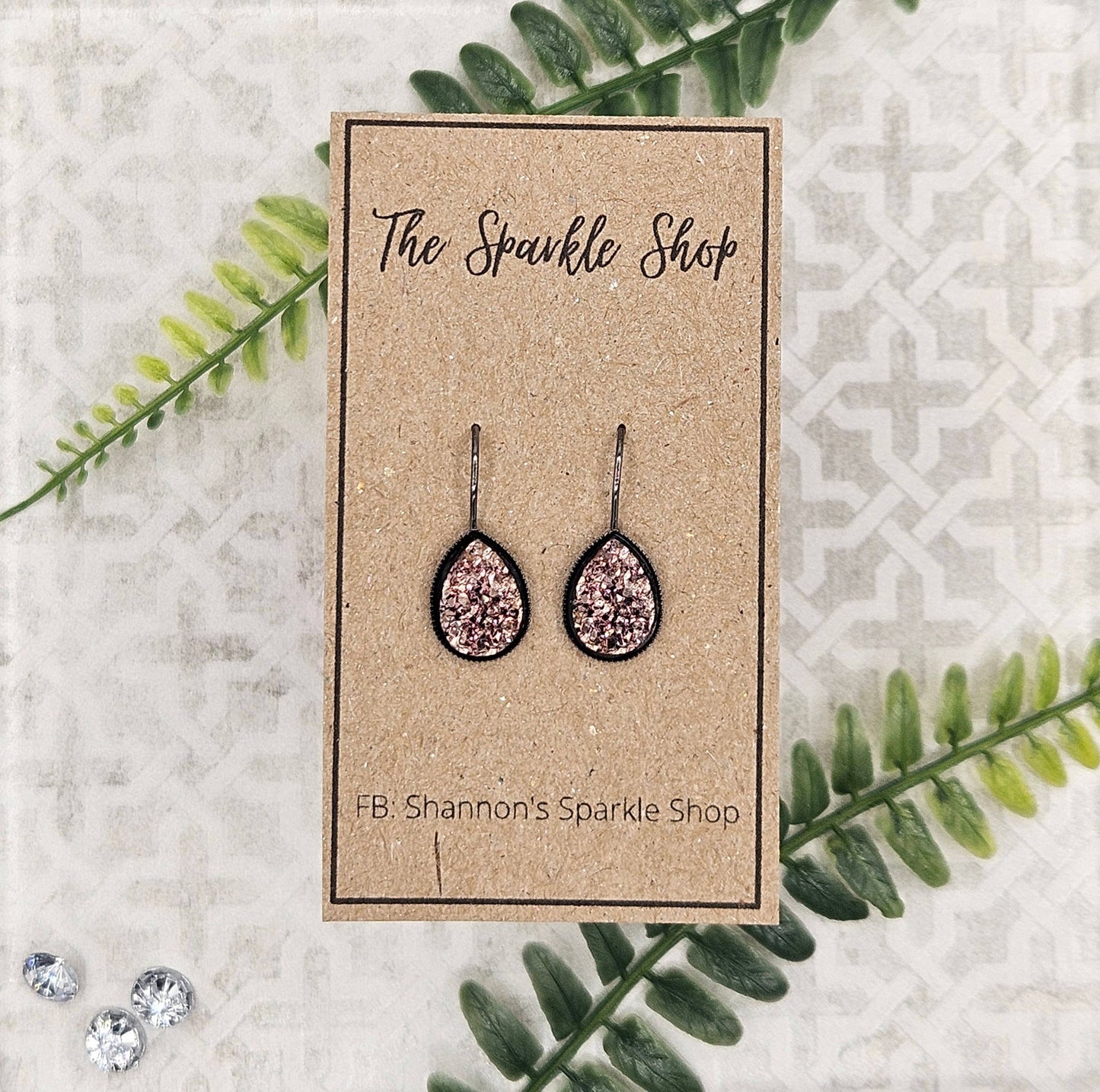 Druzy Teardrop Dangle Earrings (Handmade) - Rose Gold