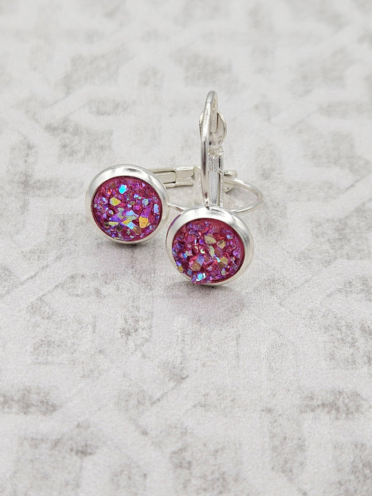 Druzy Round Dangle Earrings (Handmade 8mm)- Pink Ice