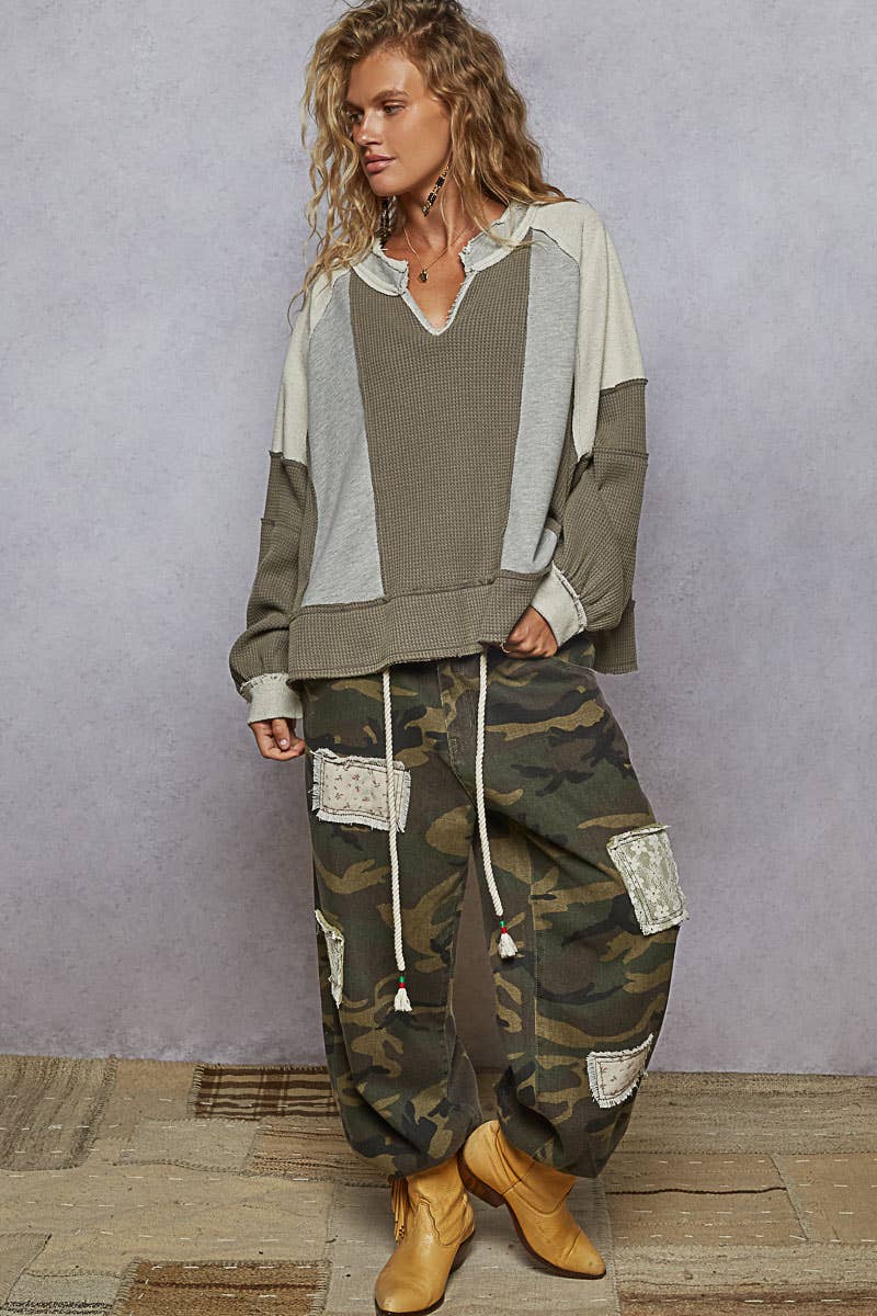 Notched Neck Contrast Fabric Basic Long Sleeve Top-POL