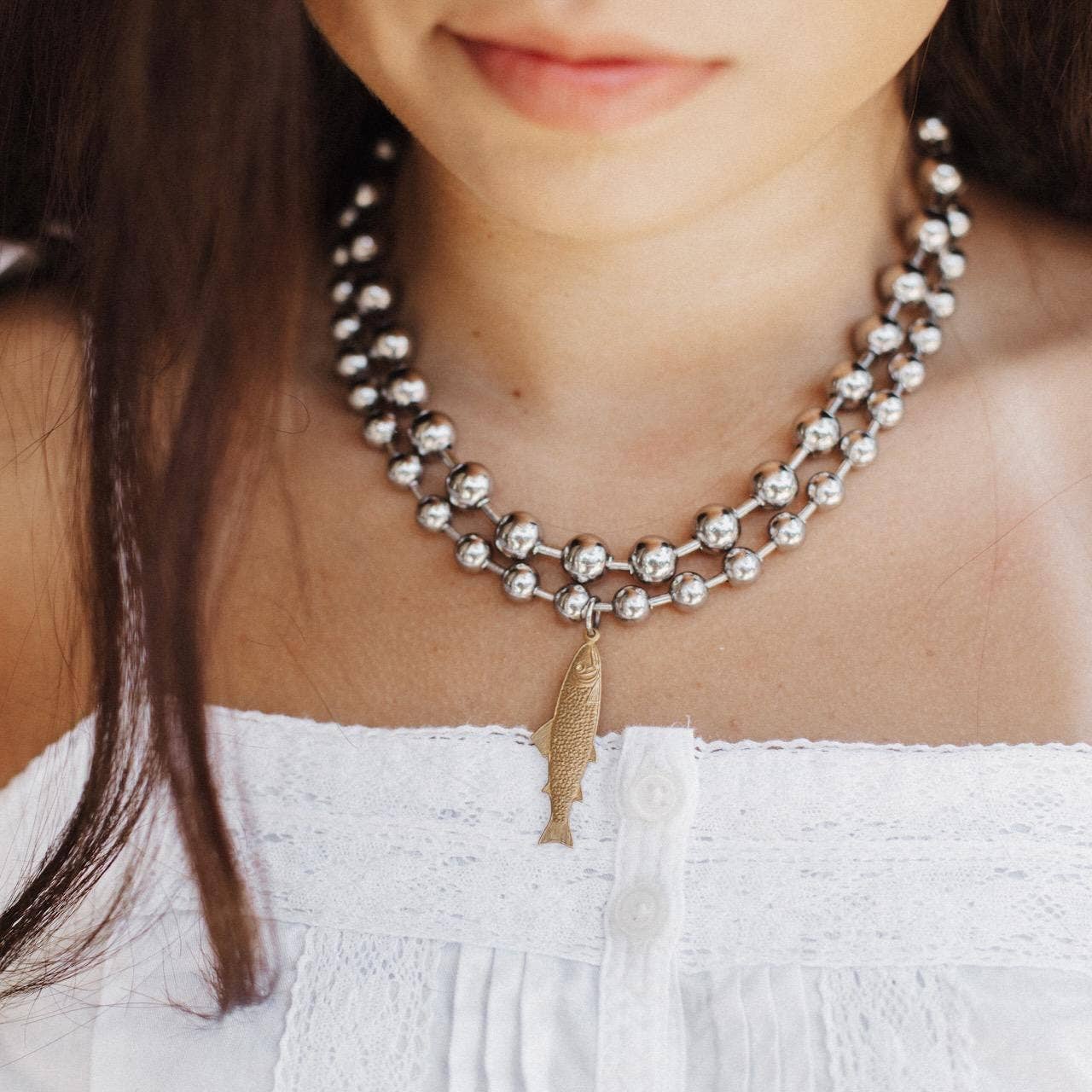 Chunky Brass Fish Charm Necklace Set