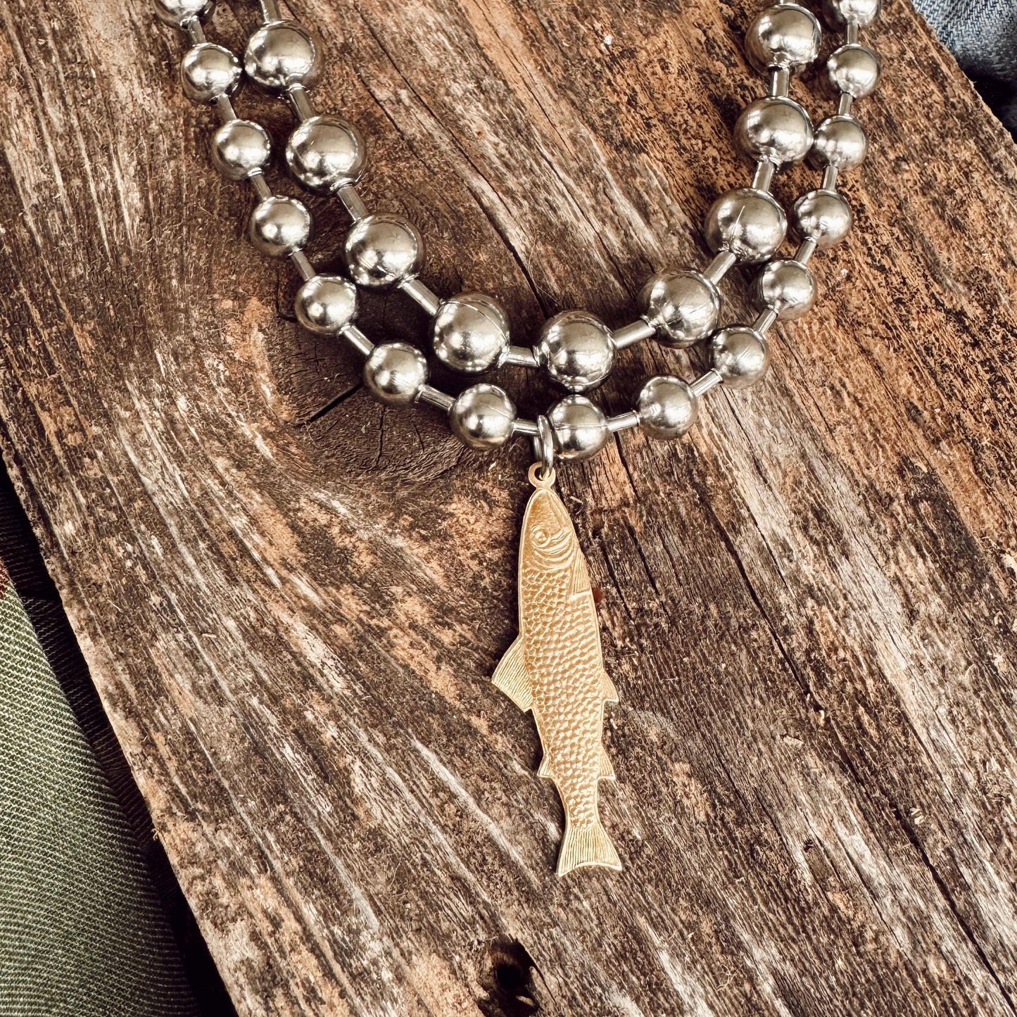 Chunky Brass Fish Charm Necklace Set