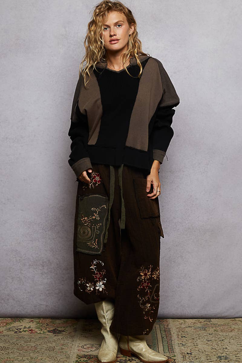Notched Neck Contrast Fabric Basic Long Sleeve Top-POL