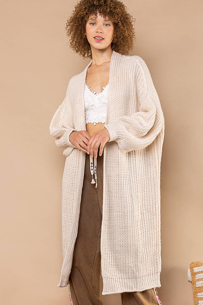 Open front balloon sleeves long cardigan sweater